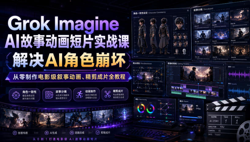 Grok Imagine AI故事动画短片实战课｜解决AI角色崩坏，从零制作电影级叙事动画、精剪成片全教程(中英字幕)-极客网创