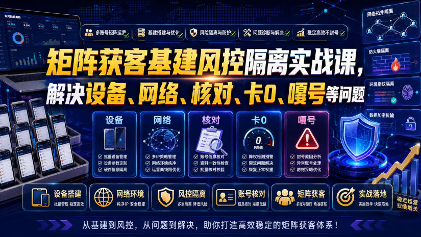 矩阵获客基建风控隔离实战课,解决设备、网络、核对、卡0、嘎号等问题-极客网创