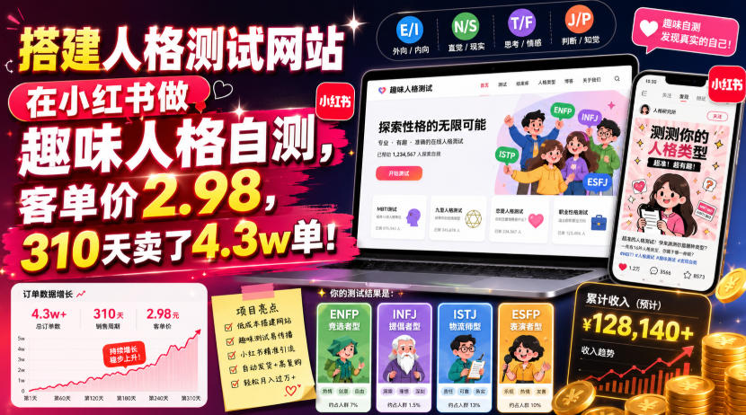搭建人格测试网站在小红书做趣味人格自测，客单价2.98，310天卖了4.3w单！-极客网创
