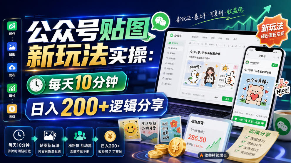 公众号贴图新玩法实操，每天10分钟，日入200+逻辑分享-极客网创