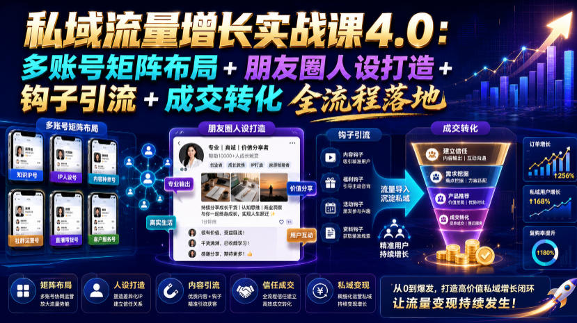 私域流量增长实战课4.0:多账号矩阵布局+朋友圈人设打造+钩子引流+成交转化全流程落地-极客网创