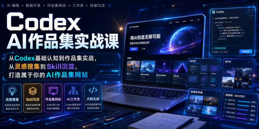 Codex AI作品集实战课，从Codex基础认知到作品集实战，从灵感搜集到Skill沉淀，打造属于你的AI作品集网站-极客网创