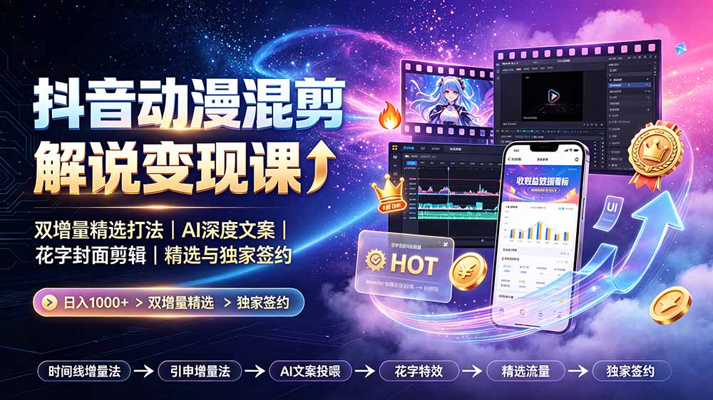 抖音动漫混剪解说变现课：双增量精选打法｜AI深度文案｜花字封面剪辑｜ 精选与独家签约日入1000+-极客网创