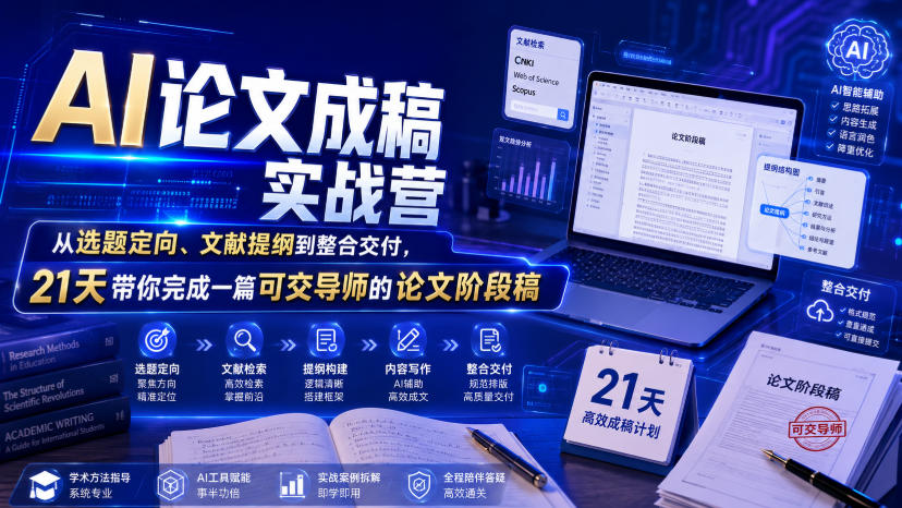 AI论文成稿实战营，从选题定向、文献提纲到整合交付，21天带你完成一篇可交导师的论文阶段稿-极客网创