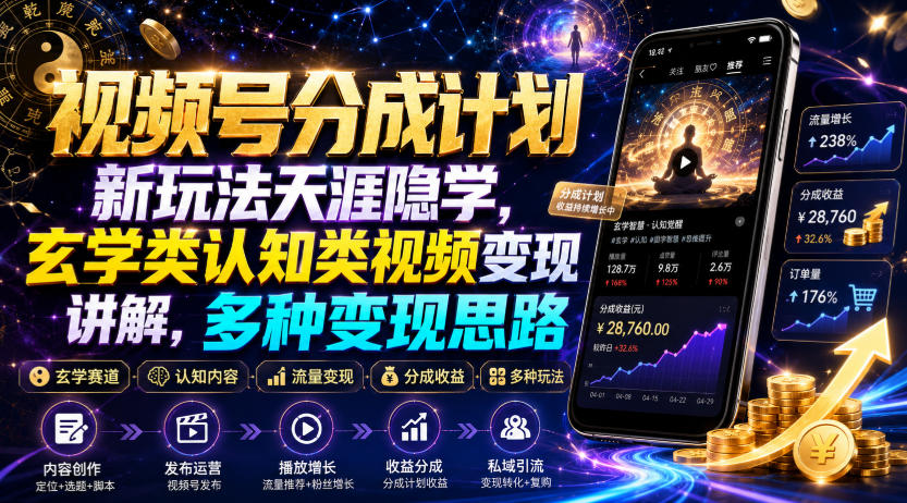 视频号分成计划新玩法天涯隐学，玄学类认知类视频变现讲解，多种变现思路-极客网创