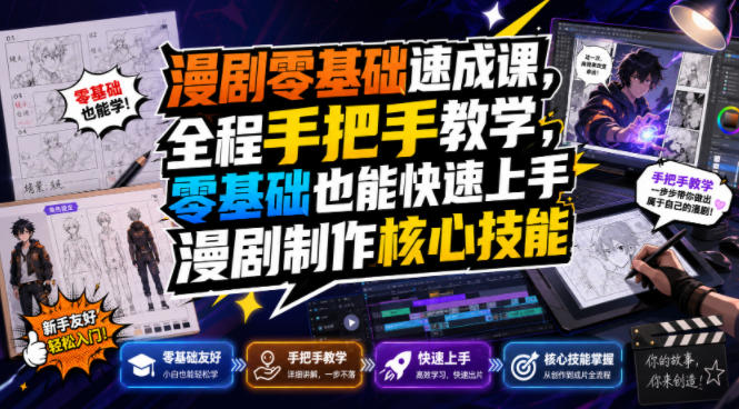 漫剧零基础速成课，全程手把手教学，零基础也能快速上手漫剧制作核心技能-极客网创
