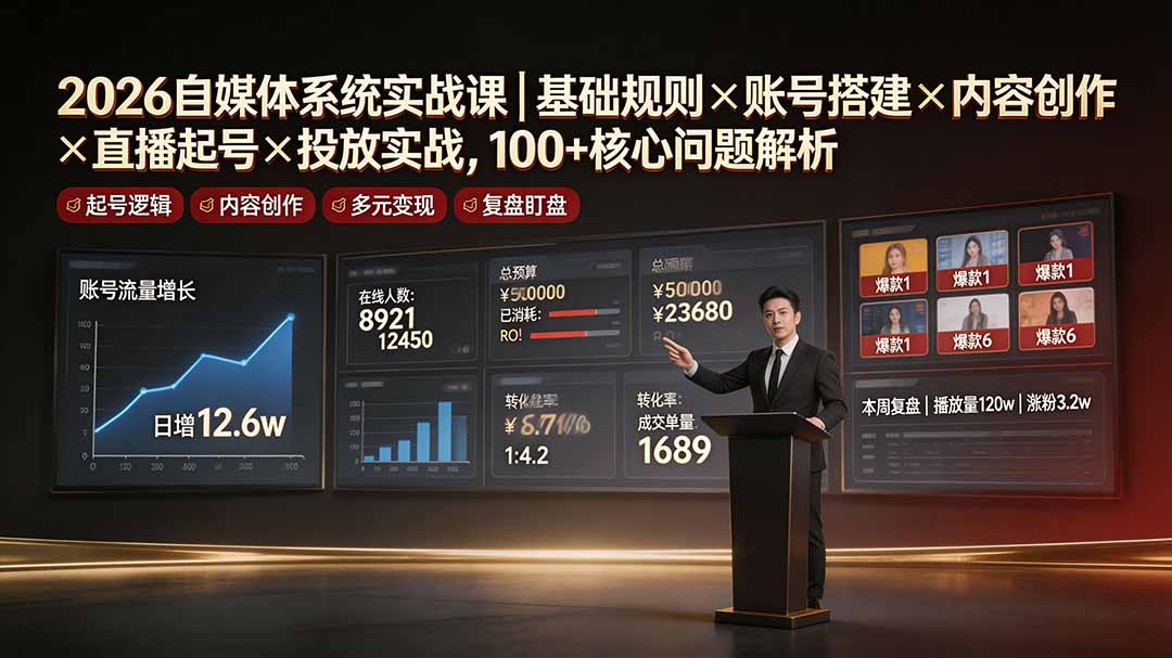 2026自媒体系统实战课|基础规则×账号搭建×内容创作×直播起号×投放实战,100+核心问题解析-极客网创