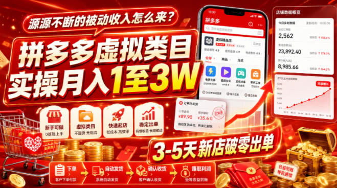源源不断的被动收入怎么来？拼多多虚拟类目实操月入1至3W，3-5天新店破零出单-极客网创
