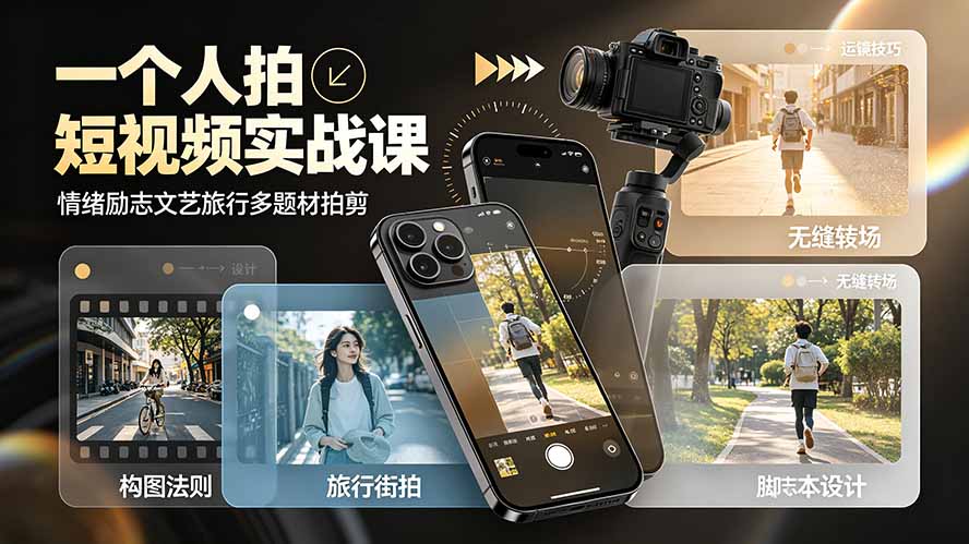 一个人拍短视频实战课：情绪励志文艺旅行多题材×五大景别×黄金构图×八大运镜，从拍摄到成片高效创作-极客网创