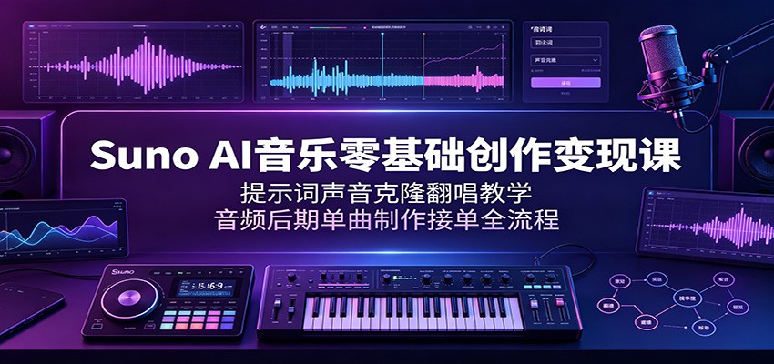 Suno AI音乐零基础创作变现课:提示词声音克隆翻唱教学,音频后期单曲制作接单全流程-极客网创