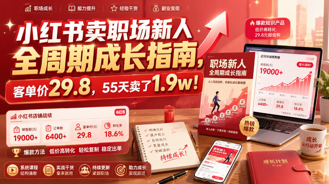 小红书卖职场新人全周期成长指南,客单价29.8,55天卖了1.9w!-极客网创