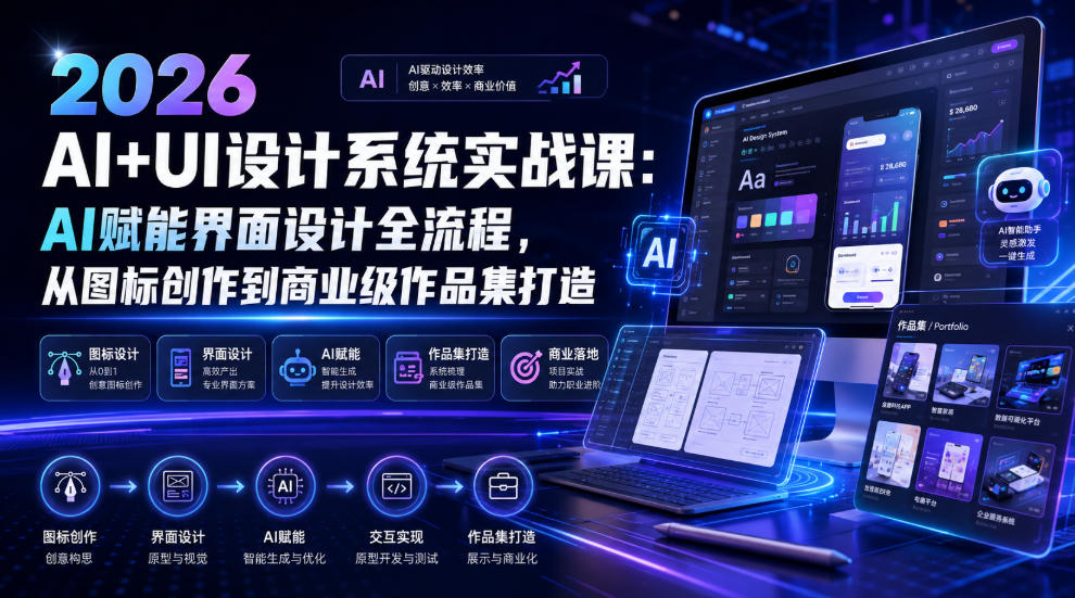 2026 AI+UI设计系统实战课:AI赋能界面设计全流程,从图标创作到商业级作品集打造-极客网创