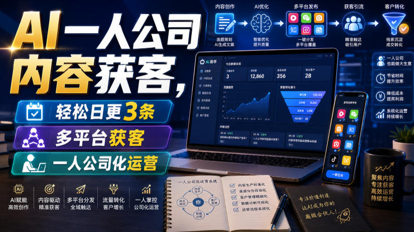 AI一人公司内容获客，轻松日更3条，多平台获客，一人公司化运营-极客网创