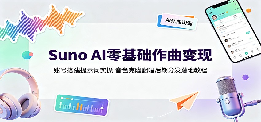 Suno AI零基础作曲变现：账号搭建提示词实操，音色克隆翻唱后期分发落地教程-极客网创