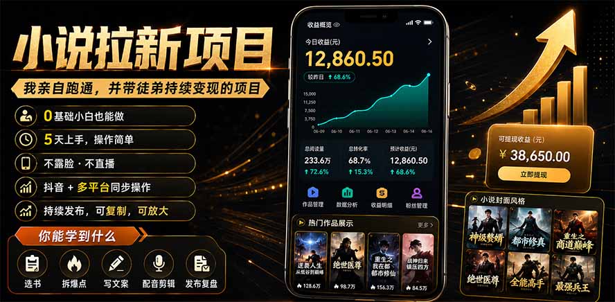 抖音及多平台小说拉新项目：我亲自跑通并持续带徒弟实操｜0基础小白5天上手快速变现-极客网创