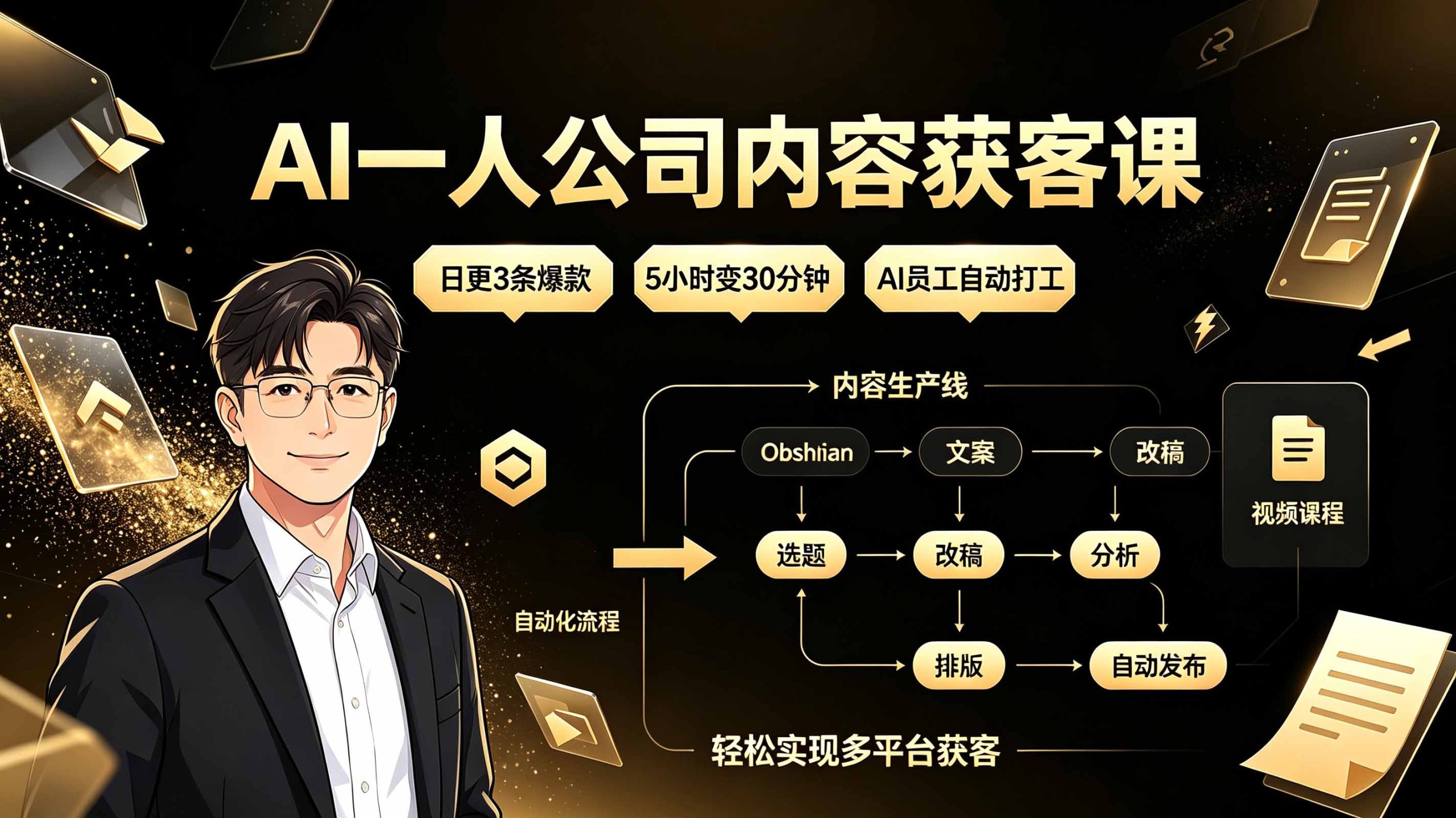 AI一人公司内容获客课:日更3条爆款×5小时变30分钟×AI员工自动打工,轻松实现多平台获客-极客网创
