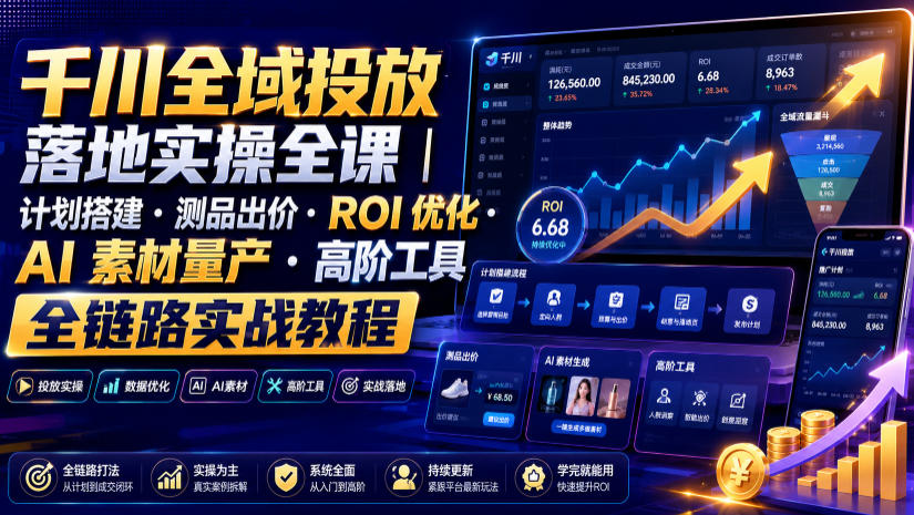 千川全域投放落地实操全课|计划搭建・测品出价・ROI优化・AI素材量产・高阶工具全链路实战教程-极客网创