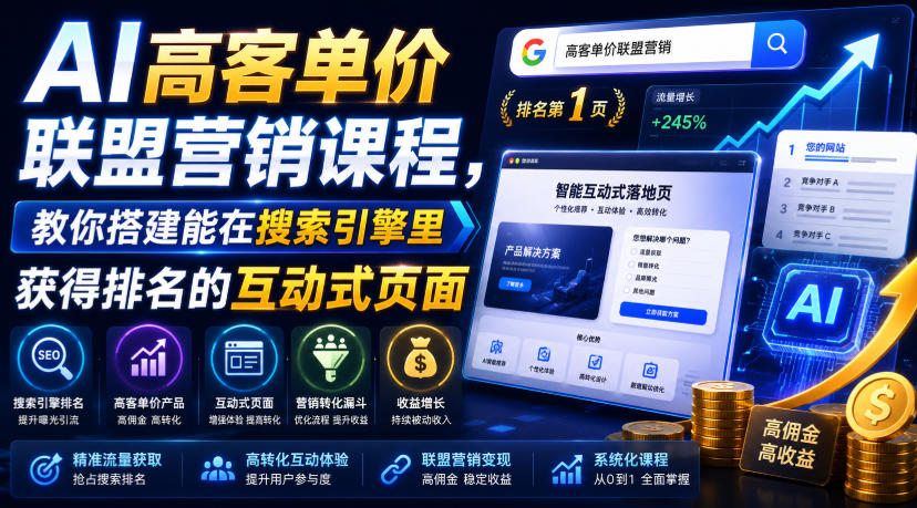 AI高客单价联盟营销课程,教你搭建能在搜索引擎里获得排名的互动式页面,引来流量,把访客转化为高佣金的成交【原创双语字幕】-极客网创