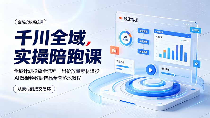 千川全域实操陪跑课:全域计划投放全流程|出价放量素材追投|AI做视频数据选品全套落地教程-极客网创
