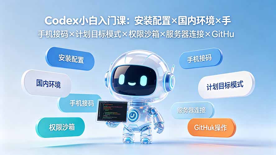 Codex小白入门课：安装配置×国内环境×手机接码×计划目标模式×权限沙箱×服务器连接×GitHub操作-极客网创