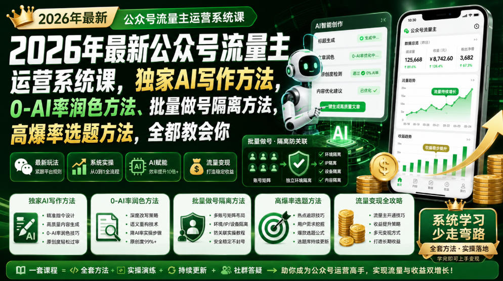 2026年最新公众号流量主运营系统课,独家AI写作方法,0-AI率润色方法、批量做号隔离方法、高爆率选题方法,全都教会你-极客网创