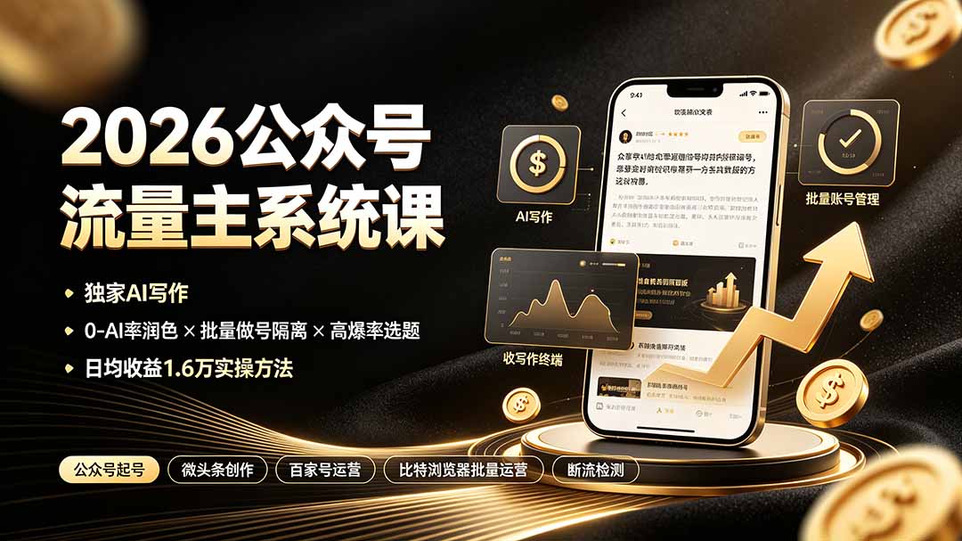 2026公众号流量主系统课:独家AI写作×0-AI率润色×批量做号隔离×高爆率选题,日均收益1.6万实操方法-极客网创