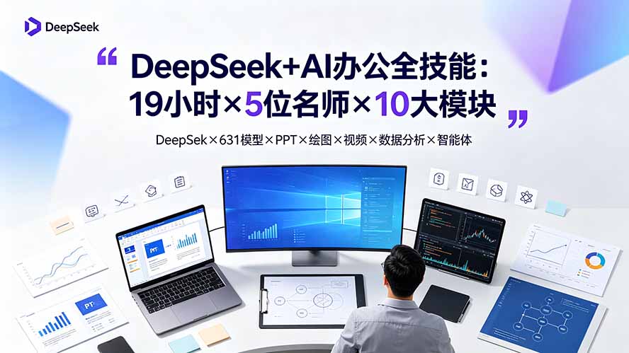 DeepSeek+AI办公全技能:19小时×5位名师×10大模块,DeepSeek×631模型×PPT×绘图×视频×数据分析×智能体-极客网创