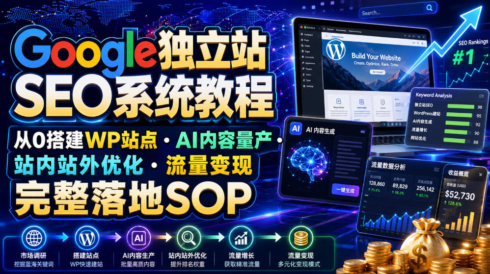 Google独立站SEO系统教程,从0搭建WP站点・AI内容量产・站内站外优化・流量变现完整落地SOP(2026年7月)-极客网创
