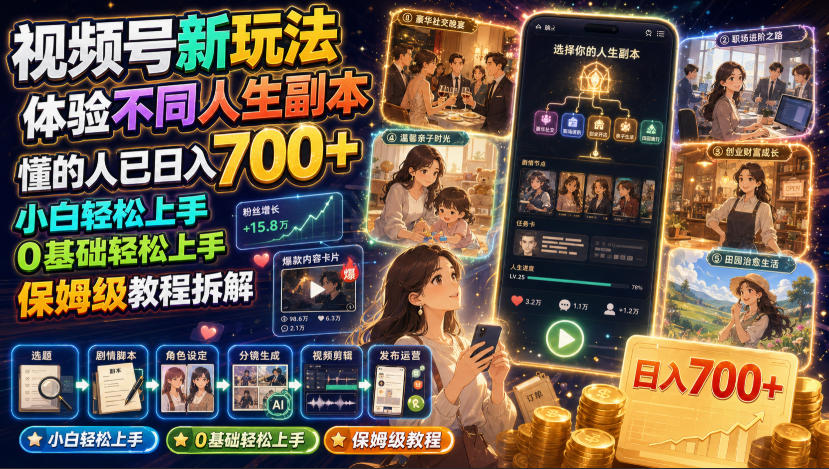 视频号新玩法体验不同人生副本，懂的人已日入700+，小白轻松上手，0基础轻松上手，保姆级教程拆解-极客网创