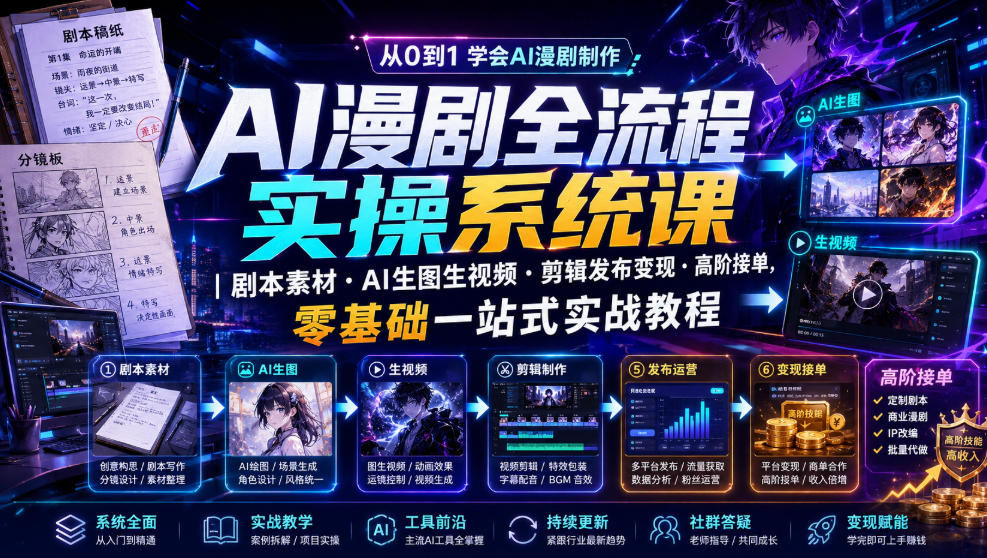 AI漫剧全流程实操系统课｜剧本素材・AI生图生视频・剪辑发布变现・高阶接单，零基础一站式实战教程-极客网创