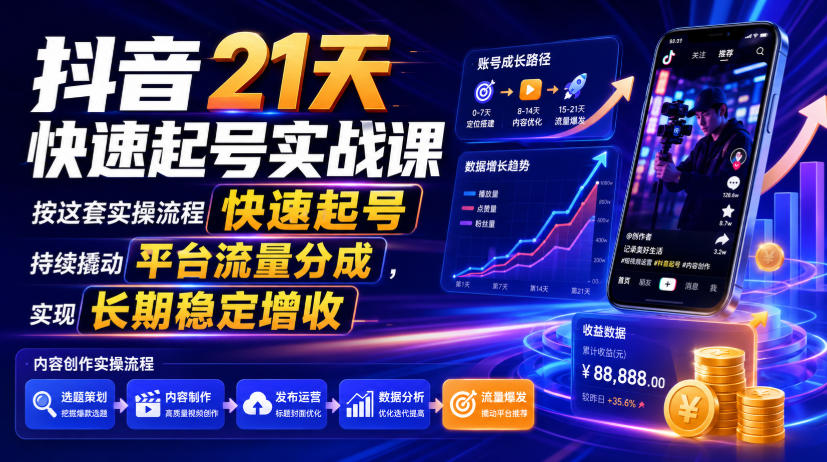 抖音21天快速起号实战课,按这套实操流程快速起号,持续撬动平台流量分成,实现长期稳定增收