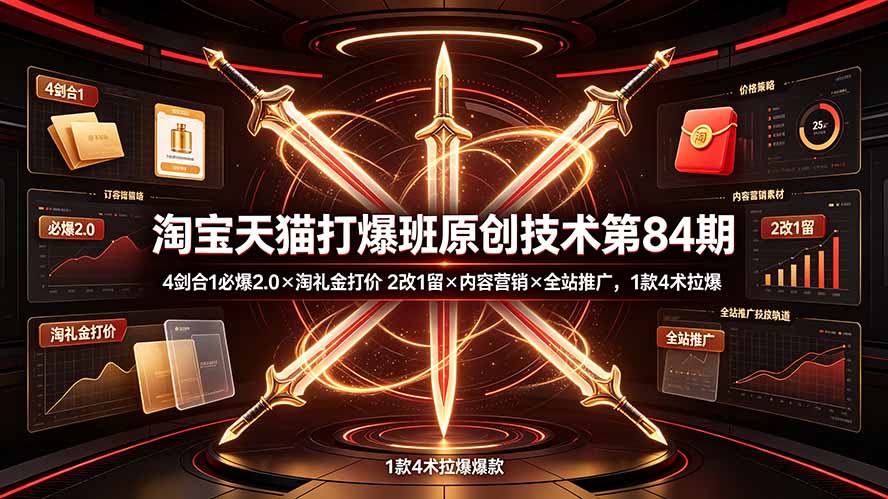 淘宝天猫打爆班原创技术第84期：4剑合1必爆2.0×淘礼金打价×2改1留×内容营销×全站推广，1款4术拉爆-极客网创