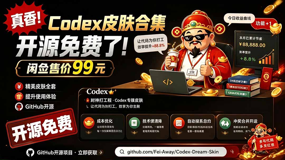 闲鱼售卖99元的Codex皮肤包,GitHub 免费开源了!让你的codex变成精美界面 Codex Dream Skin-极客网创
