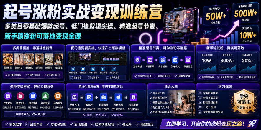 苗子起号涨粉实战变现训练营,多类目零基础爆款起号、精准起号节奏、新手稳涨粉可落地变现全课(更新0719)