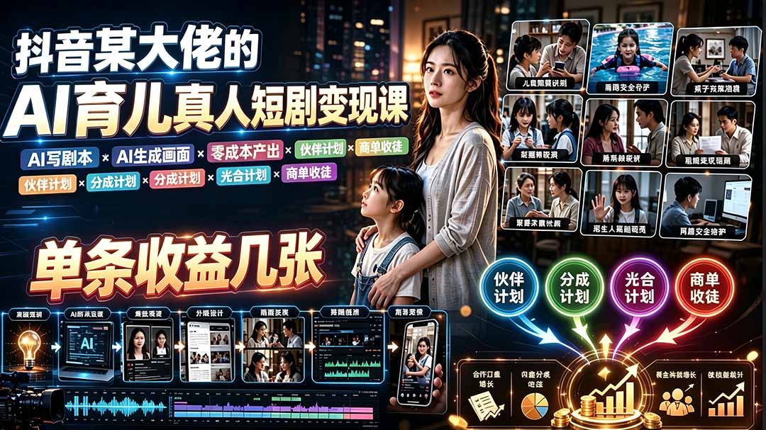 AI育儿真人短剧变现课：AI写剧本×AI生成画面×零成本产出×伙伴计划×分成计划×光合计划×商单收徒-极客网创