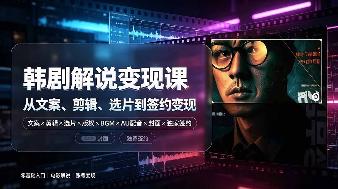 抖音270W粉丝博主亲授韩剧解说课:文案×剪辑×选片×版权×BGM×AU配音×封面×独家签约,零基础到变现-极客网创