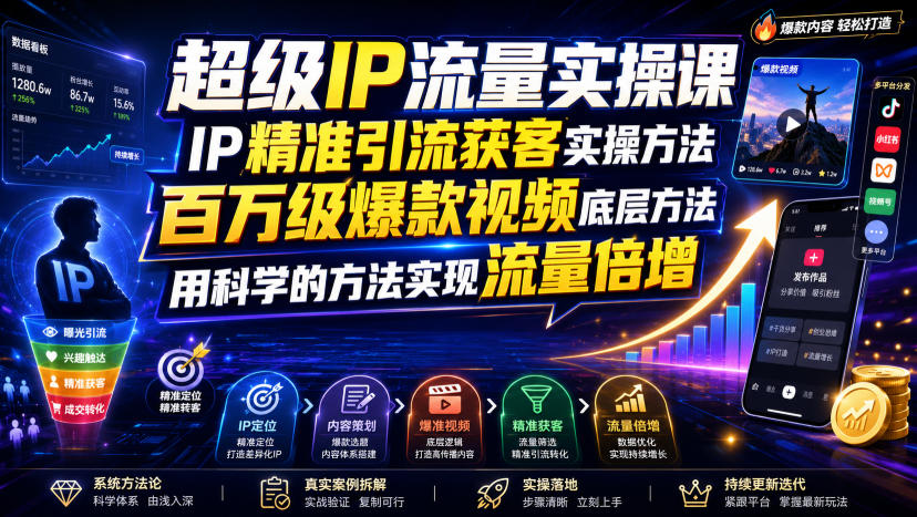 超级IP流量实操课,IP精准引流获客实操方法,百万级爆款视频底层方法,用科学的方法实现流量倍增-极客网创