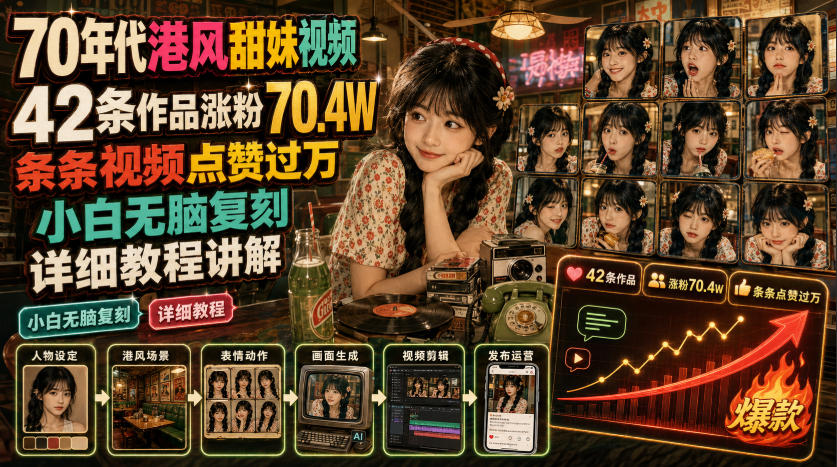 70年代港风甜妹视频,42条作品涨粉70.4W,条条视频点赞过万,小白无脑复刻,详细教程讲解-极客网创