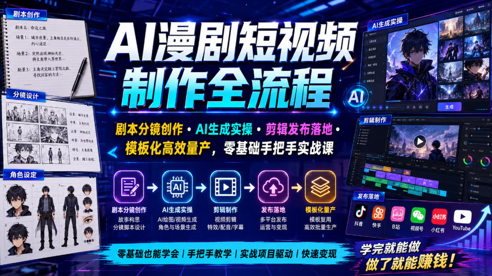 AI漫剧短视频制作全流程|剧本分镜创作・AI生成实操・剪辑发布落地・模板化高效量产,零基础手把手实战课-极客网创