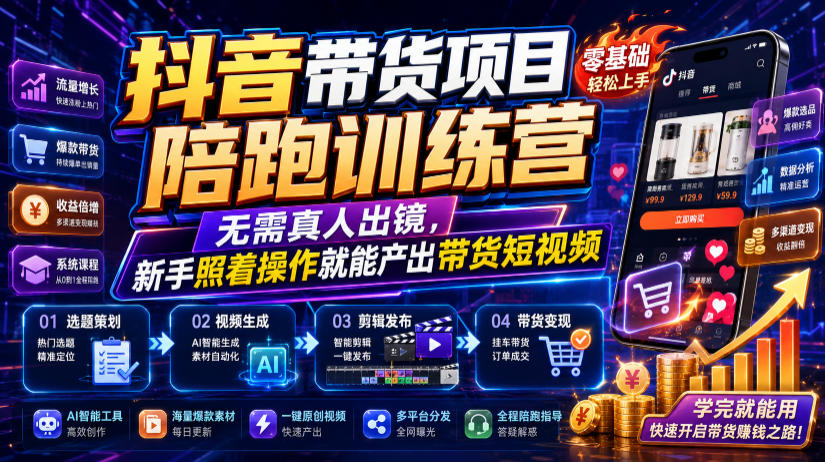 抖音带货项目陪跑训练营,无需真人出镜,新手照着操作就能产出带货短视频-极客网创