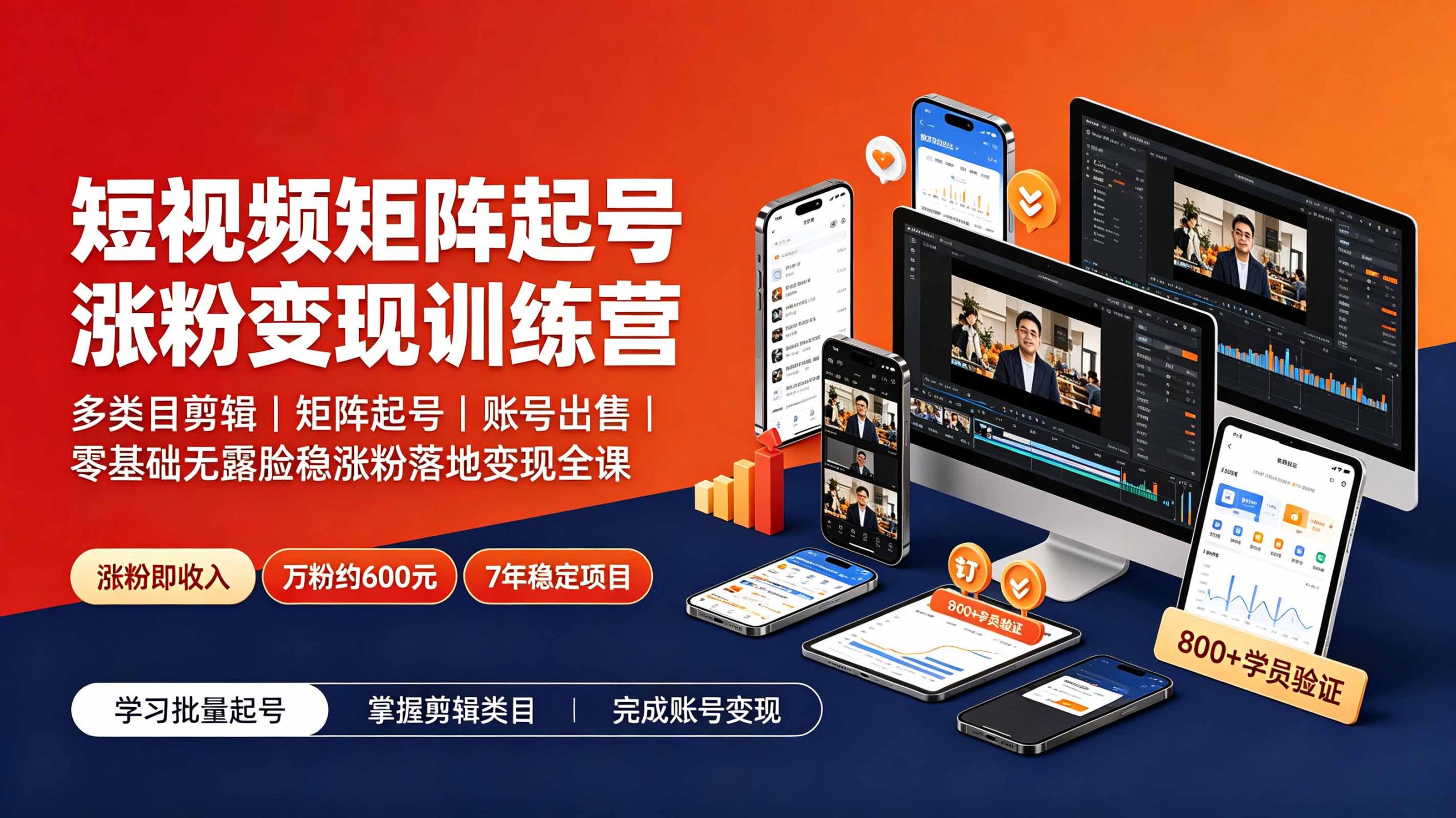 短视频矩阵起号涨粉变现训练营|多类目剪辑·矩阵起号·账号出售,0基础无露脸稳涨粉落地变现全课-更新-极客网创
