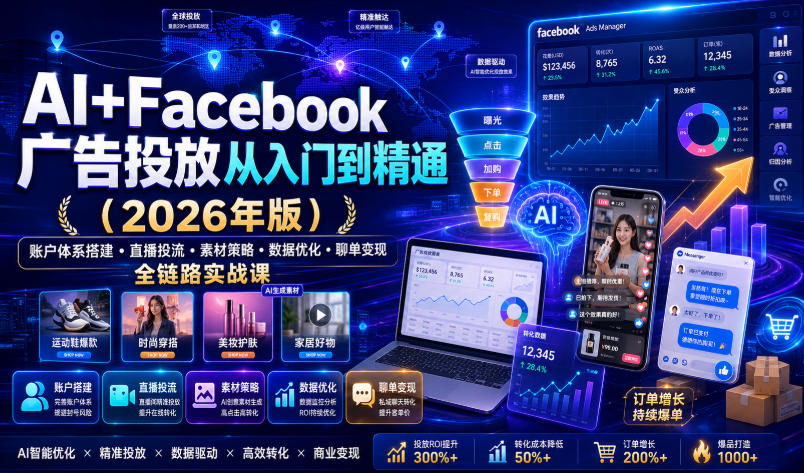 AI+Facebook广告投放从入门到精通(2026年版)｜账户体系搭建・直播投流・素材策略・数据优化・聊单变现全链路实战课-极客网创