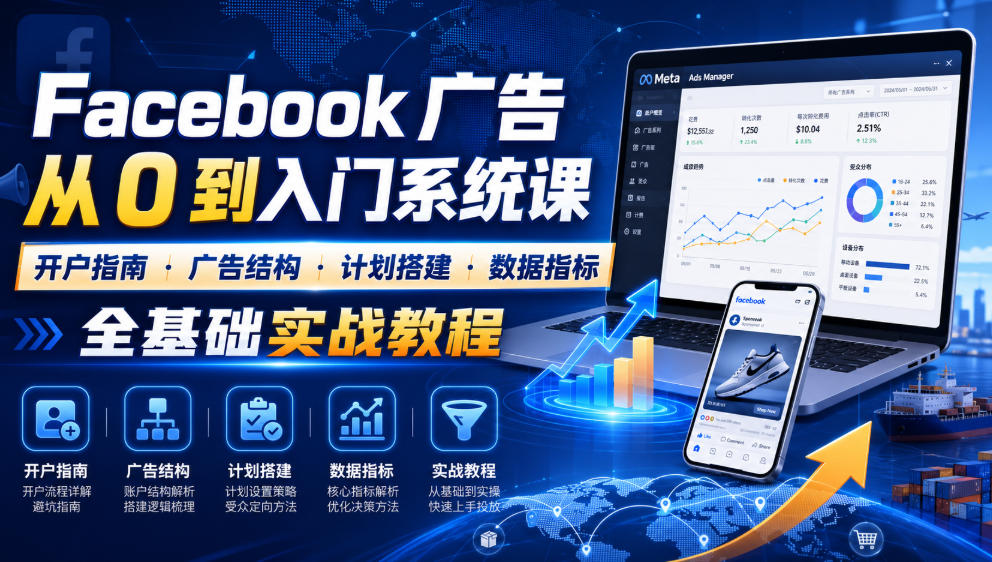 Facebook广告新手从0到入门系统课｜开户指南・广告结构・计划搭建・数据指标全基础实战教程-极客网创