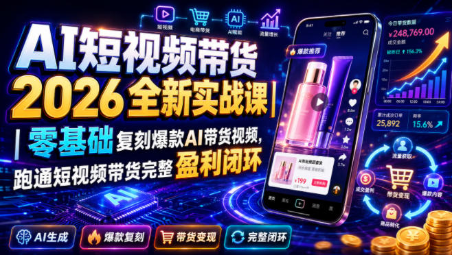 AI短视频带货2026全新实战课|零基础复刻爆款AI带货视频,跑通短视频带货完整盈利闭环
