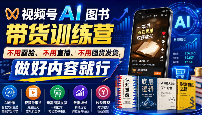 视频号AI图书带货训练营，不用露脸、不用直播、不用囤货发货，做好内容就行，一条爆款视频佣金8942-极客网创