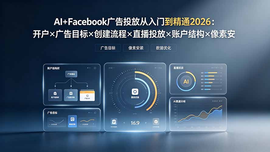 AI+Facebook广告投放从入门到精通2026:开户×广告目标×创建流程×直播投放×账户结构×像素安装×AI赋能-极客网创
