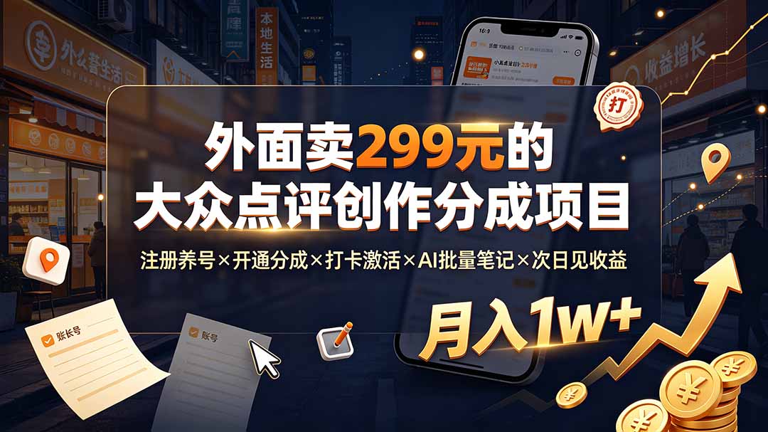 外面卖299元的大众点评创作分成项目:注册养号×开通分成×打卡激活×AI批量笔记×次日见收益,月入1w+-极客网创