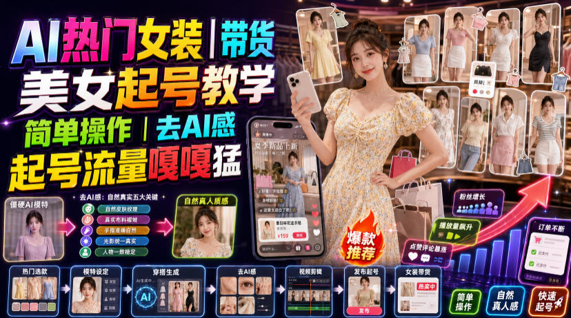 AI热门女装带货丨美女起号教学,简单操作,去AI感,起号流量嘎嘎猛-极客网创