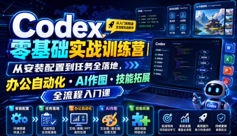 Codex零基础实战训练营|从安装配置到任务全落地,办公自动化・AI作图・技能拓展全流程入门课-极客网创