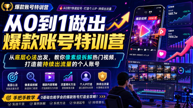 从0到1做出爆款账号特训营,从底层心法出发,教你像素级拆解热门视频,打造能持续出流量的个人账号-极客网创